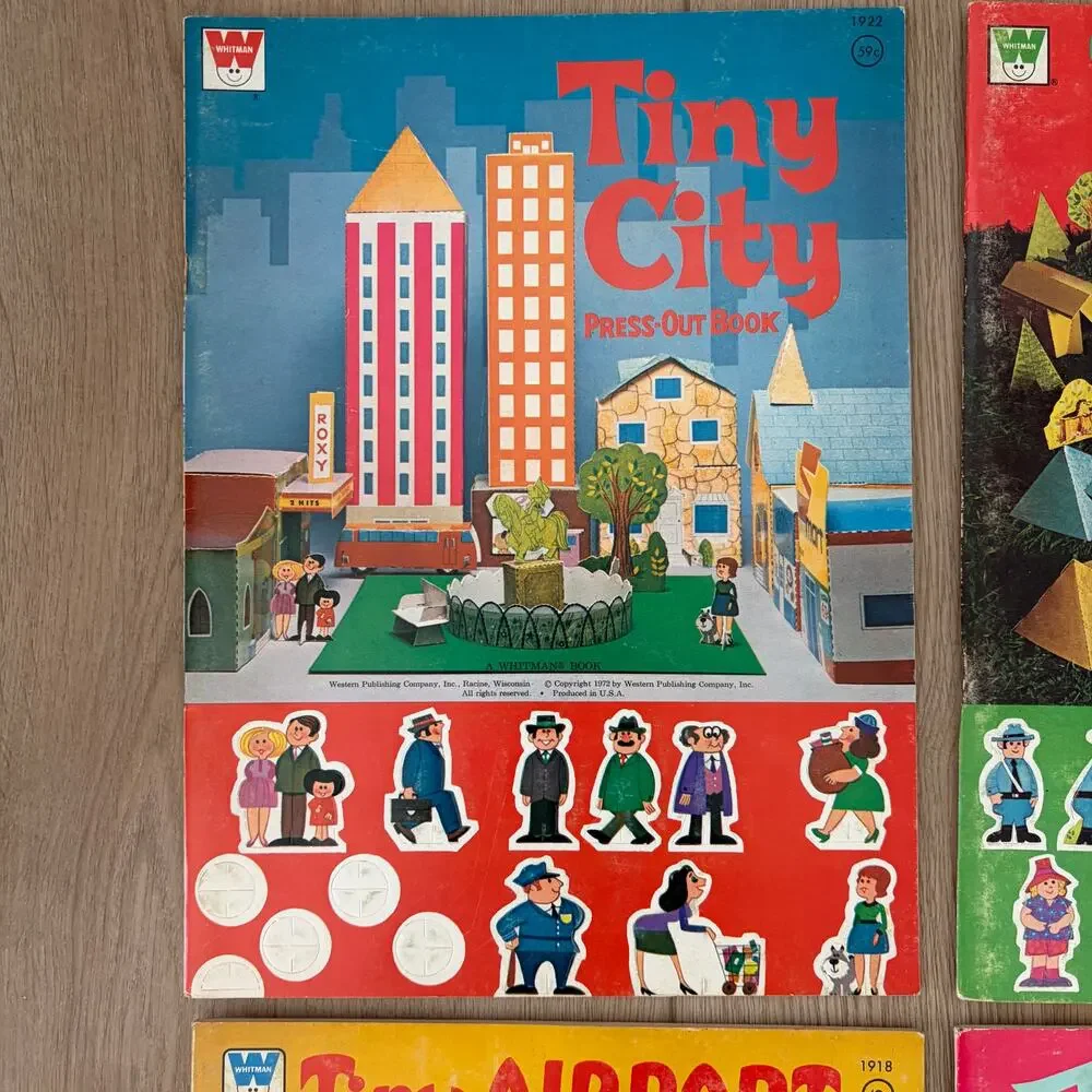 Whitman Tiny Press-Out LOT 4 Books, Vintage 1976 Campsite, Town, Airport, City